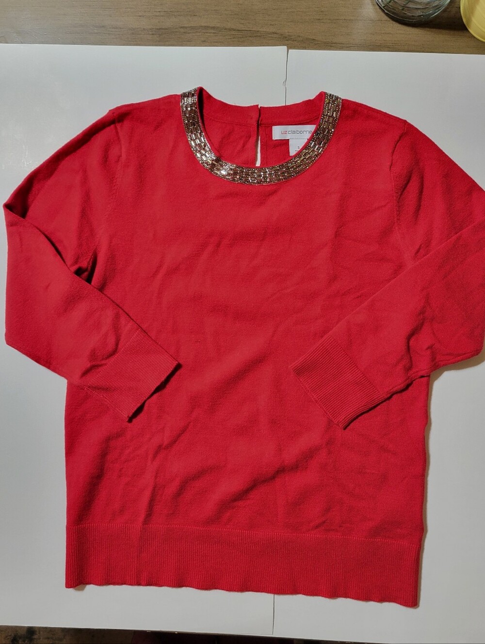Title: Liz Claiborne Red Embellished Neck Sweater Women's Small Holiday Knit Top